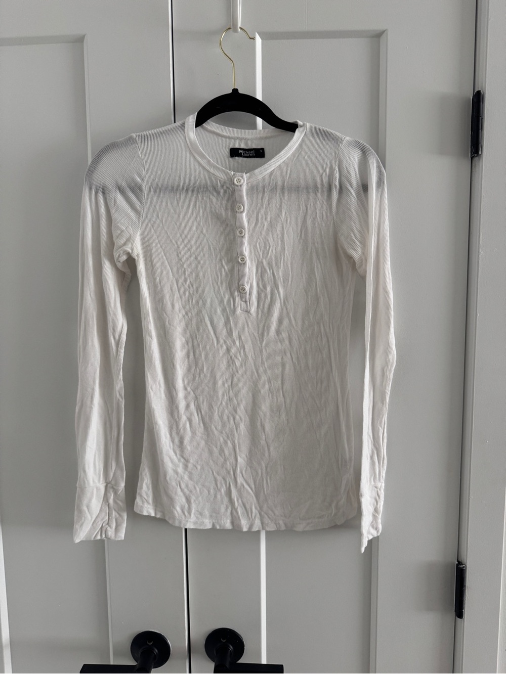 White semi-sheer Long Sleeve Henley Top, size S